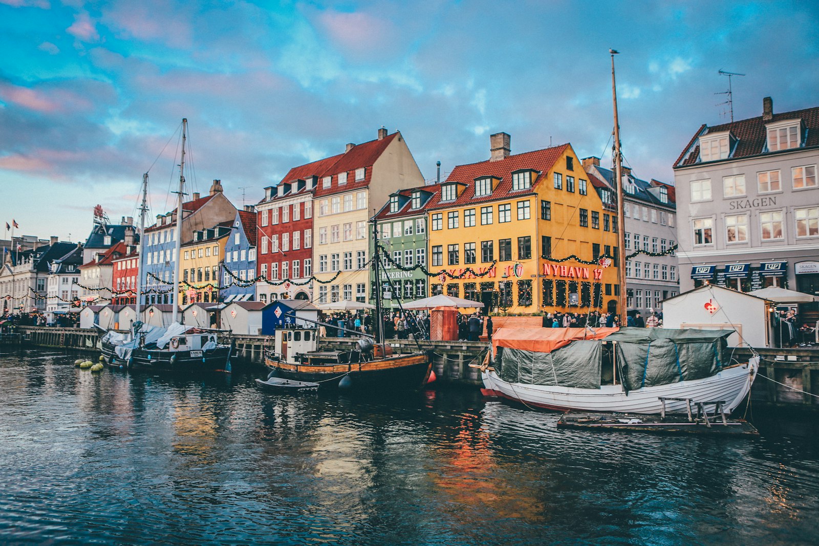 Copenhagen canal lined with historic buildings