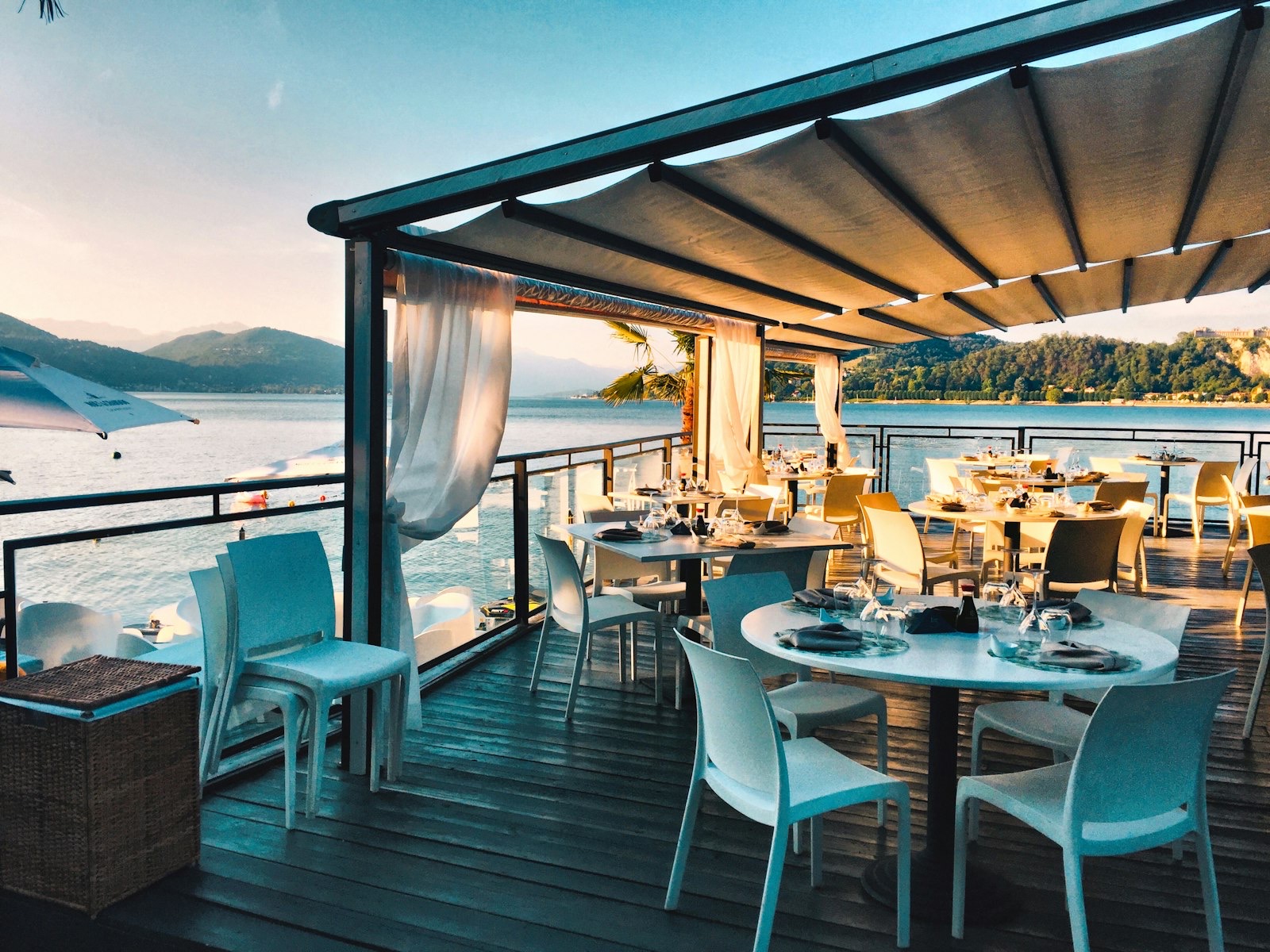 Warm restaurant dining room with soft lighting